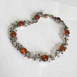 Vintage Boho Sterling Silver Orange Amber Gemstone Cabochon Bracelet